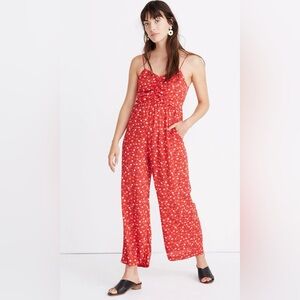 Madewell Sleeveless Ruched Wide-Leg Jumpsuit in Red w Prairie Posies TB5